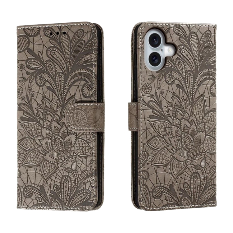 

For iPhone 16 Plus Lace Flower Embossing Flip Leather Phone Case(Grey)