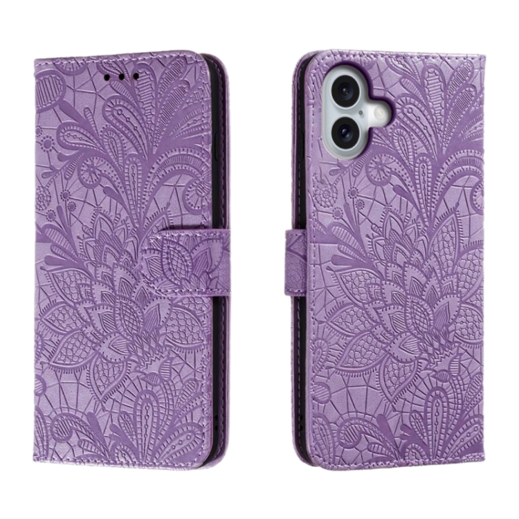 

For iPhone 16 Plus Lace Flower Embossing Flip Leather Phone Case(Purple)