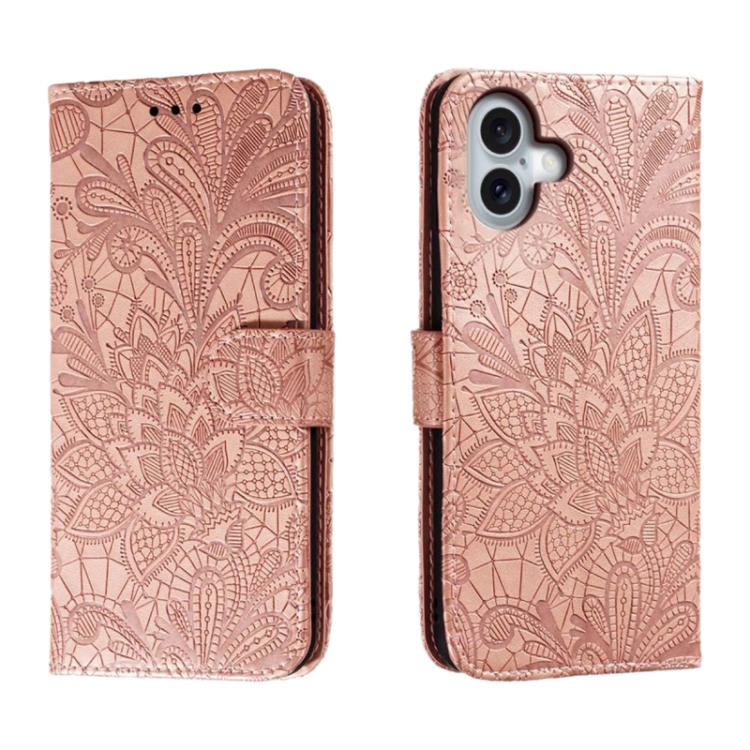 

For iPhone 16 Plus Lace Flower Embossing Flip Leather Phone Case(Rose Gold)
