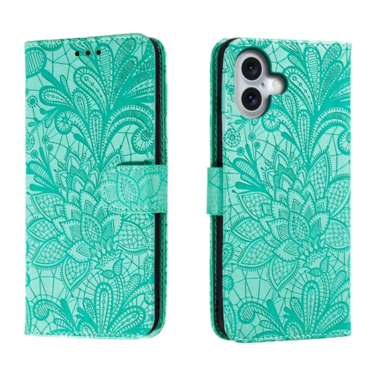 

For iPhone 16 Plus Lace Flower Embossing Flip Leather Phone Case(Green)
