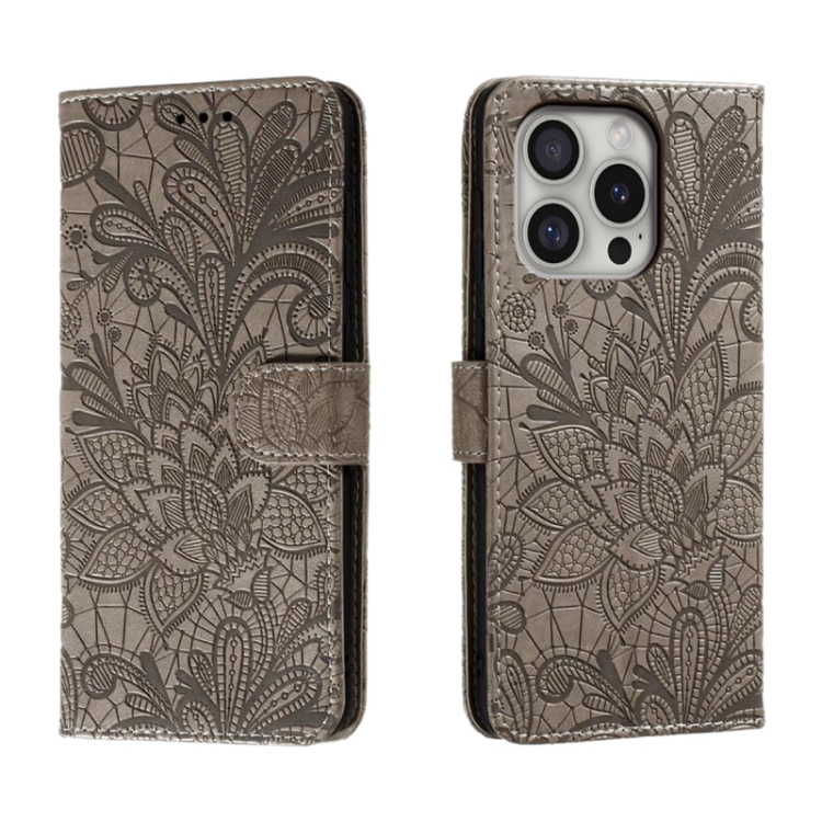 

For iPhone 16 Pro Lace Flower Embossing Flip Leather Phone Case(Grey)
