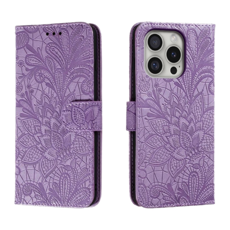 

For iPhone 16 Pro Lace Flower Embossing Flip Leather Phone Case(Purple)