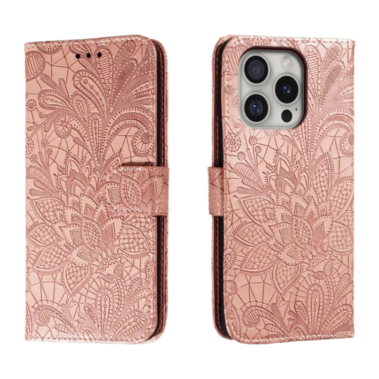 

For iPhone 16 Pro Lace Flower Embossing Flip Leather Phone Case(Rose Gold)