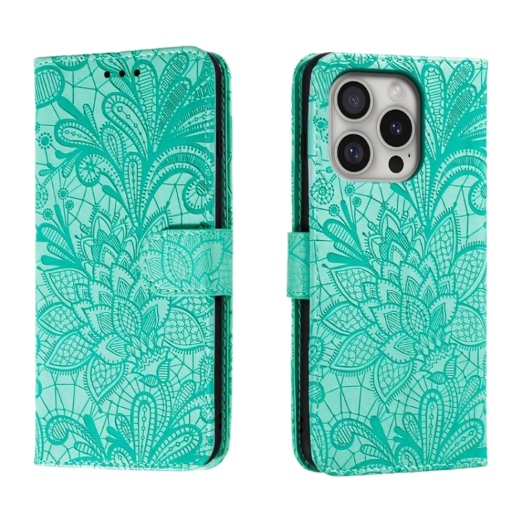 

For iPhone 16 Pro Lace Flower Embossing Flip Leather Phone Case(Green)