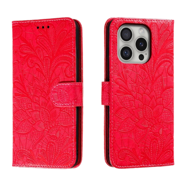

For iPhone 16 Pro Lace Flower Embossing Flip Leather Phone Case(Red)