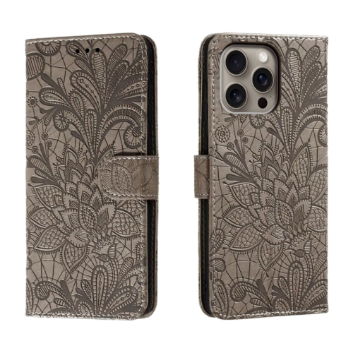 

For iPhone 16 Pro Max Lace Flower Embossing Flip Leather Phone Case(Grey)