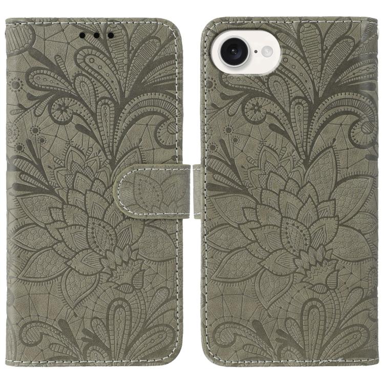 

For iPhone 16e Lace Flower Embossing Flip Leather Phone Case(Grey)