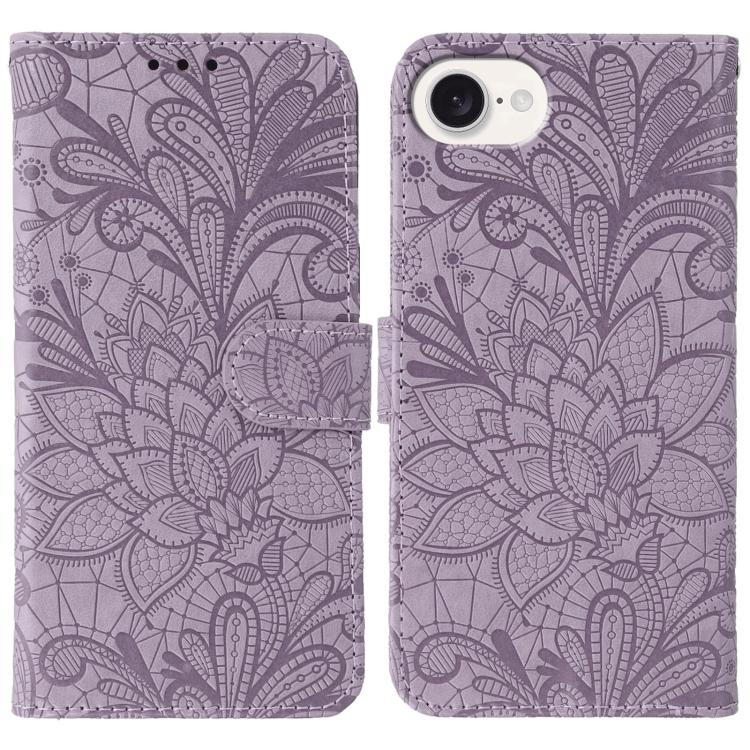 

For iPhone 16e Lace Flower Embossing Flip Leather Phone Case(Purple)
