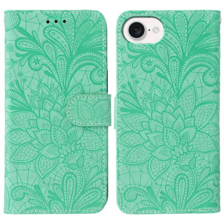 

For iPhone 16e Lace Flower Embossing Flip Leather Phone Case(Green)