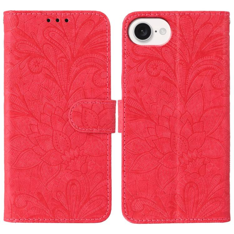 

For iPhone 16e Lace Flower Embossing Flip Leather Phone Case(Red)