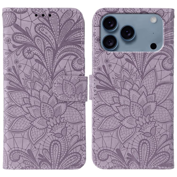 

For iPhone 17 Pro Lace Flower Embossing Flip Leather Phone Case(Purple)