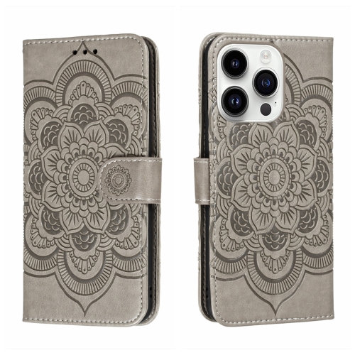 

For iPhone 15 Pro Max Sun Mandala Embossing Leather Phone Case(Grey)