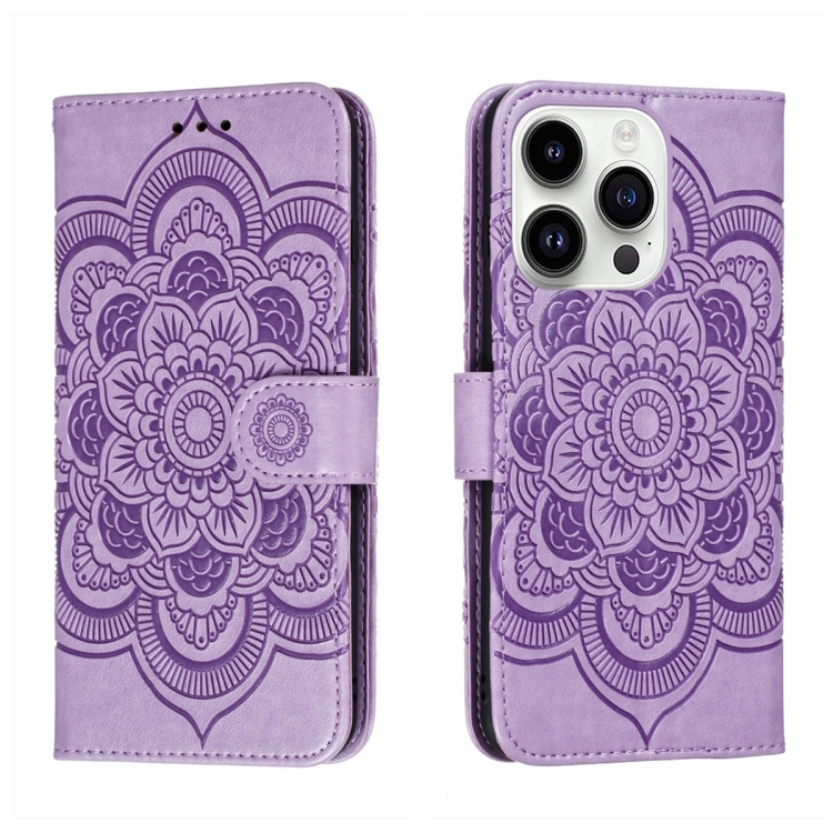 

For iPhone 15 Pro Max Sun Mandala Embossing Leather Phone Case(Purple)