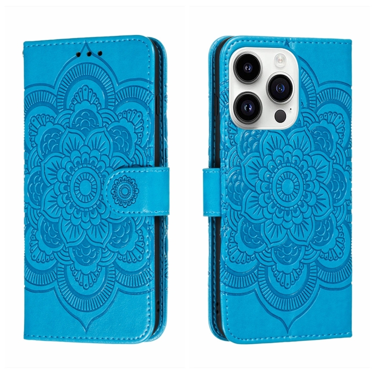 

For iPhone 15 Pro Max Sun Mandala Embossing Leather Phone Case(Blue)