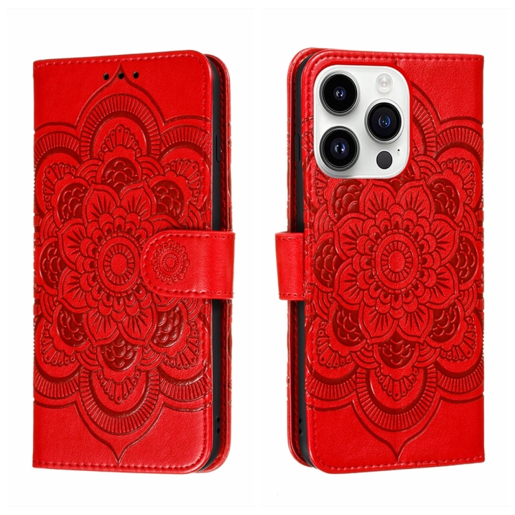 

For iPhone 15 Pro Sun Mandala Embossing Leather Phone Case(Red)