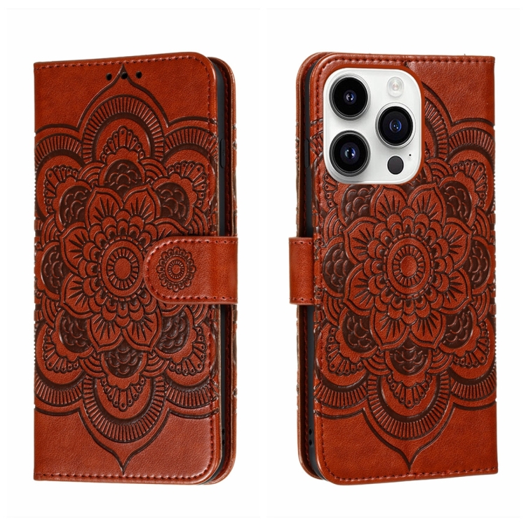

For iPhone 15 Pro Sun Mandala Embossing Leather Phone Case(Brown)