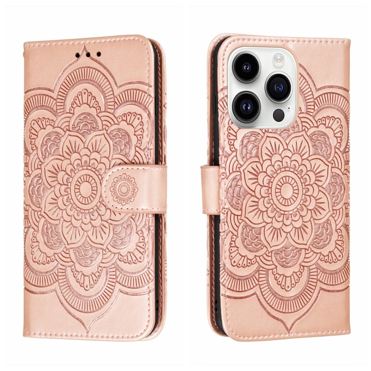 

For iPhone 15 Pro Sun Mandala Embossing Leather Phone Case(Rose Gold)
