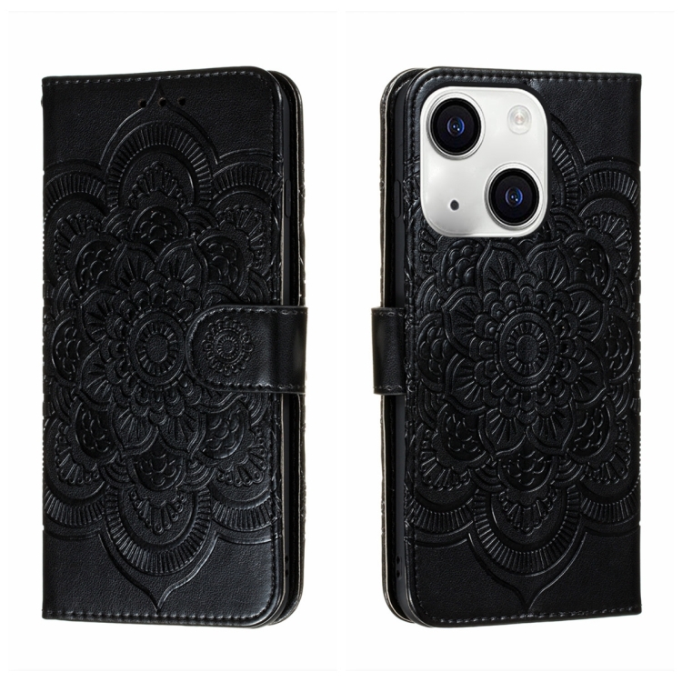 

For iPhone 15 Plus Sun Mandala Embossing Leather Phone Case(Black)