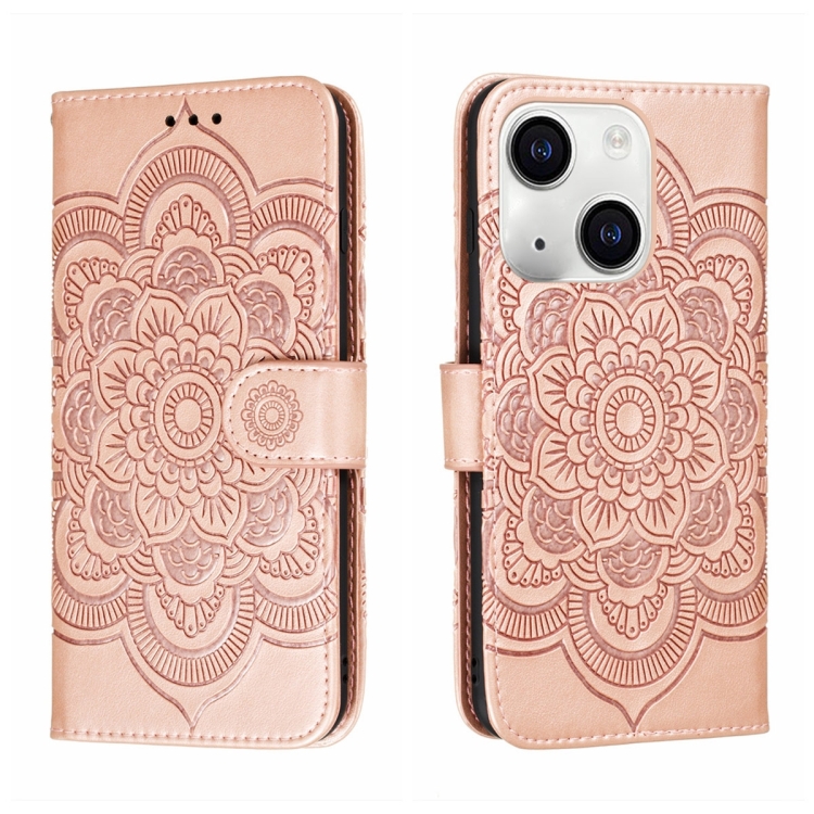 

For iPhone 15 Plus Sun Mandala Embossing Leather Phone Case(Rose Gold)
