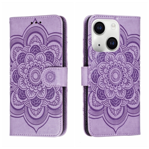 

For iPhone 15 Plus Sun Mandala Embossing Leather Phone Case(Purple)