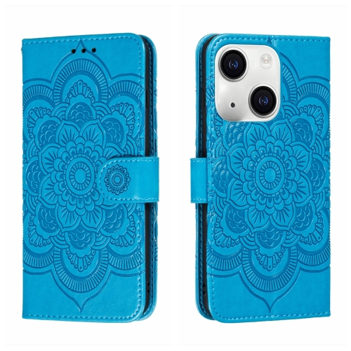 

For iPhone 15 Plus Sun Mandala Embossing Leather Phone Case(Blue)