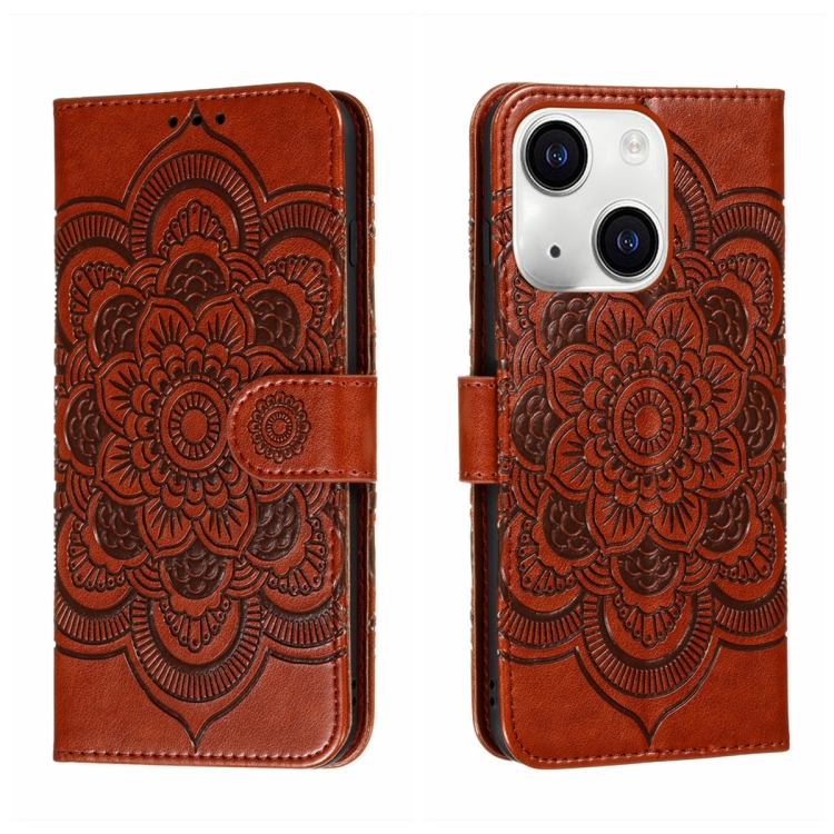 

For iPhone 15 Sun Mandala Embossing Leather Phone Case(Brown)