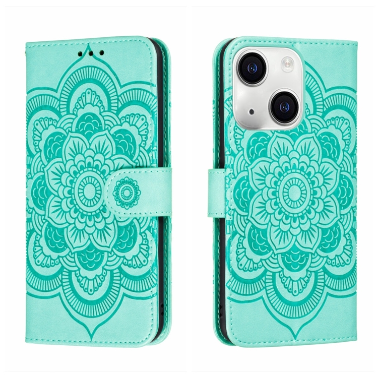 

For iPhone 15 Sun Mandala Embossing Leather Phone Case(Green)