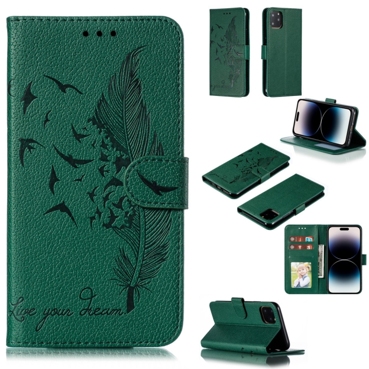 

For iPhone 15 Pro Max Feather Pattern Litchi Texture Leather Phone Case(Green)