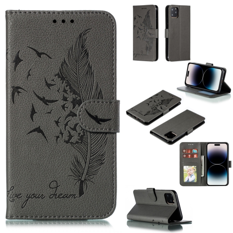 

For iPhone 15 Pro Feather Pattern Litchi Texture Leather Phone Case(Gray)