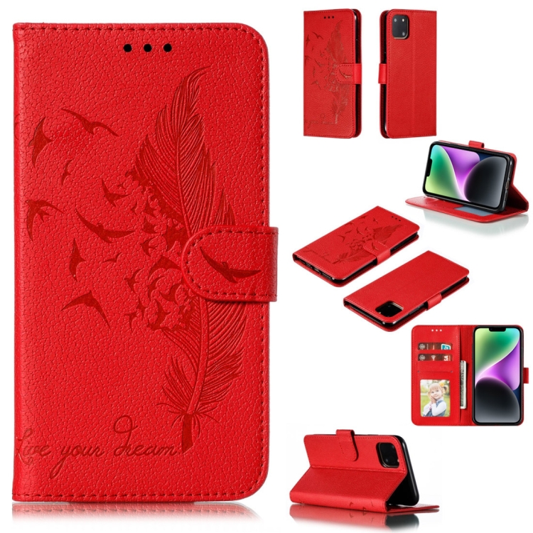 

For iPhone 15 Plus Feather Pattern Litchi Texture Leather Phone Case(Red)
