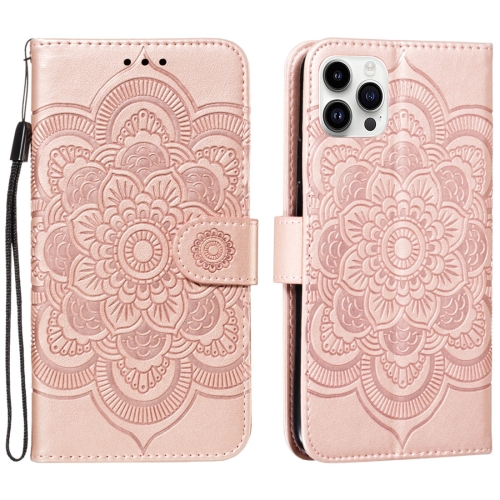 

For iPhone 15 Pro Max Mandala Embossing Pattern Horizontal Flip Leather Phone Case(Rose Gold)