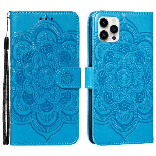 

For iPhone 15 Pro Mandala Embossing Pattern Horizontal Flip Leather Phone Case(Blue)