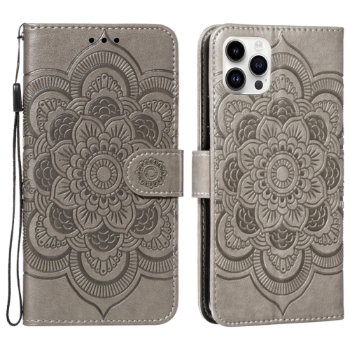 

For iPhone 15 Pro Mandala Embossing Pattern Horizontal Flip Leather Phone Case(Gray)