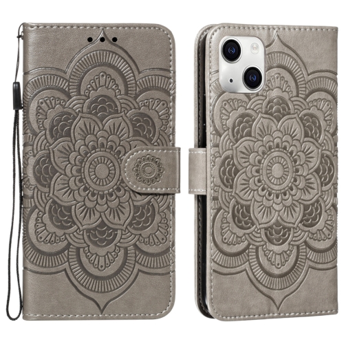 

For iPhone 15 Plus Mandala Embossing Pattern Horizontal Flip Leather Phone Case(Gray)