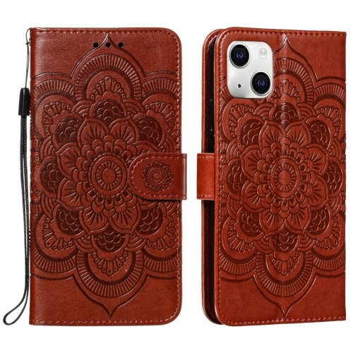 

For iPhone 15 Plus Mandala Embossing Pattern Horizontal Flip Leather Phone Case(Brown)