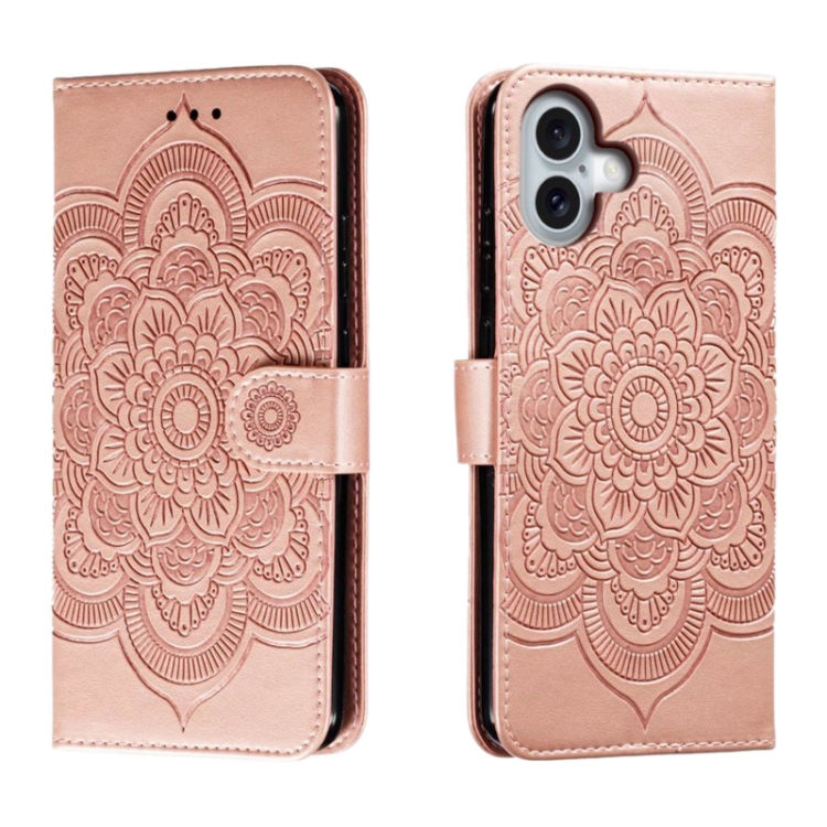 Pour iPhone 16 Plus Mandala Gaufrage Motif Étui de téléphone en cuir à rabat horizontal (Or rose)