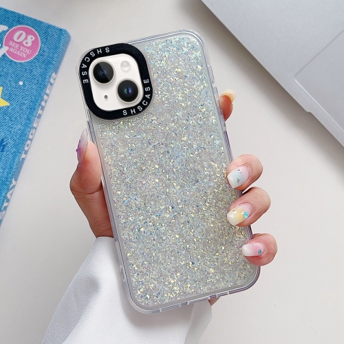 For iPhone 14 Glitter Epoxy Shockproof Phone Case(White) for iphone 15 plus electroplated frame imd glitter powder phone case red