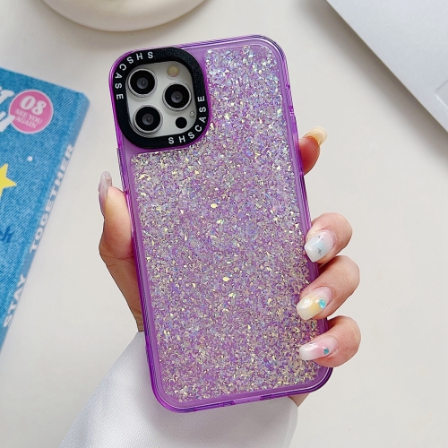 For iPhone 14 Pro Glitter Epoxy Shockproof Phone Case(Purple) for iphone 15 plus electroplated frame imd glitter powder phone case red