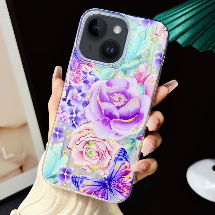 

For iPhone 15 Plus Electroplated Color Film TPU + PC Phone Case(Purple Flowers)