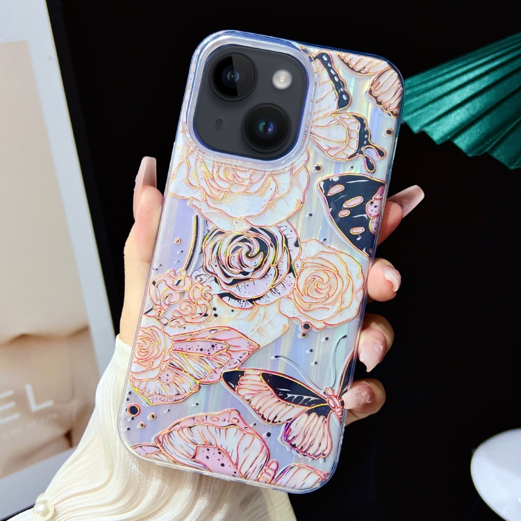 

For iPhone 14 Electroplated Color Film TPU + PC Phone Case(Black Gold Flowers)