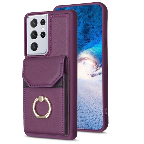 

For Samsung Galaxy S21 Ultra 5G BF29 Organ Card Bag Ring Holder Phone Case(Dark Purple)