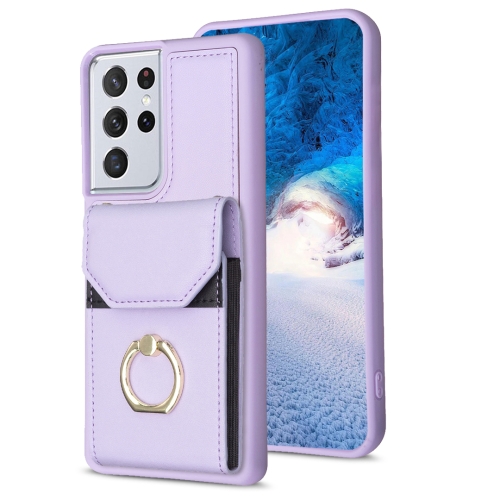 

For Samsung Galaxy S21 Ultra 5G BF29 Organ Card Bag Ring Holder Phone Case(Purple)