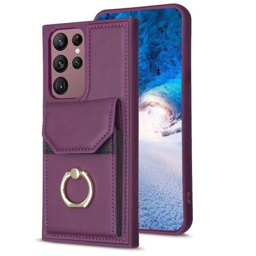 

For Samsung Galaxy S22 Ultra 5G BF29 Organ Card Bag Ring Holder Phone Case(Dark Purple)