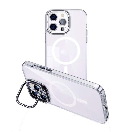 Para iPhone 15 Pro Max MagSafe Funda transparente para teléfono con soporte  invisible magnético (plateado)
