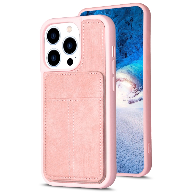 

For iPhone 15 Pro BF28 Frosted Card Bag Phone Case with Holder(Pink)