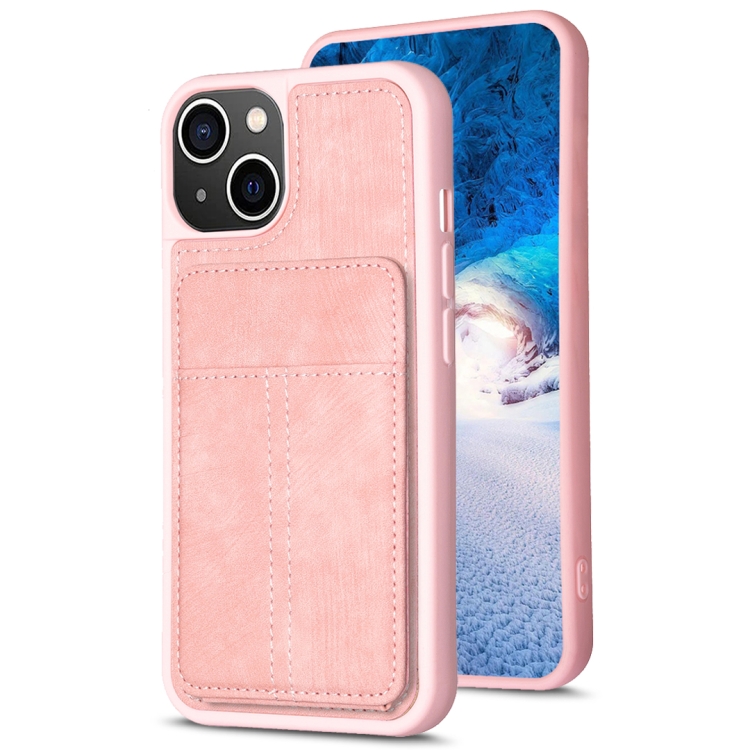 

For iPhone 14 Plus BF28 Frosted Card Bag Phone Case with Holder(Pink)