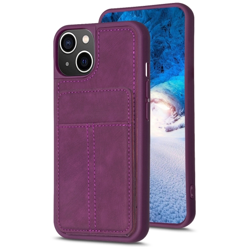 

For iPhone 14 Plus BF28 Frosted Card Bag Phone Case with Holder(Dark Purple)