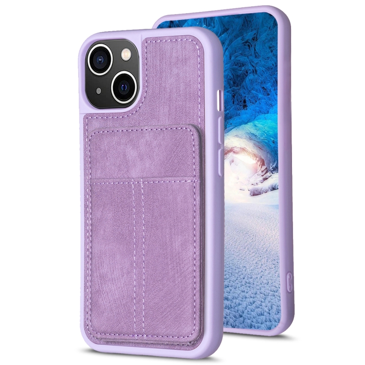 

For iPhone 14 / 13 BF28 Frosted Card Bag Phone Case with Holder(Purple)