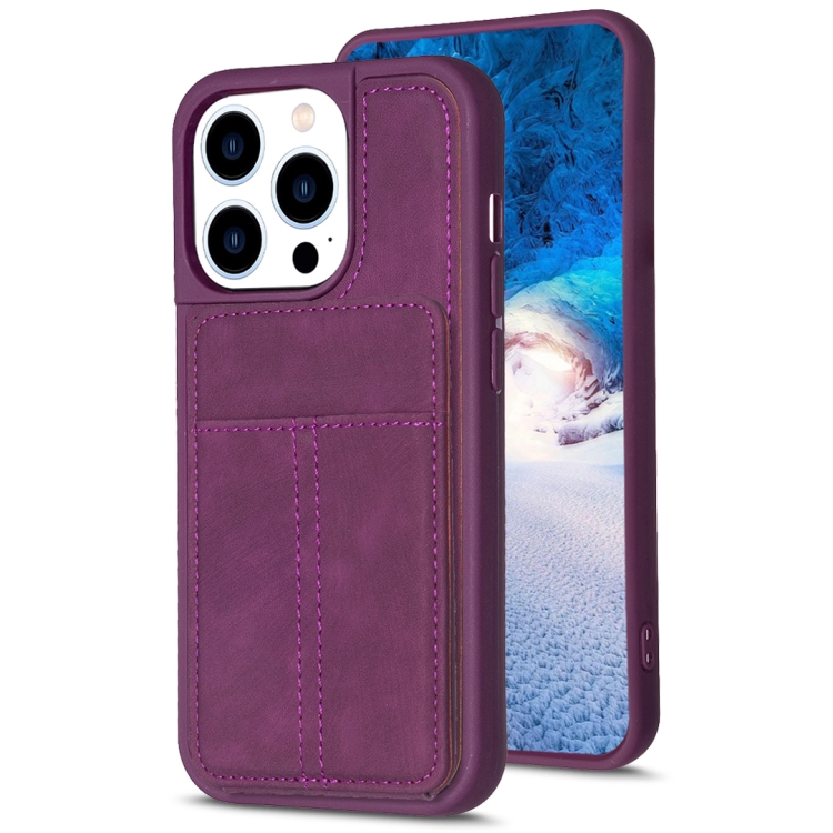 

For iPhone 14 Pro BF28 Frosted Card Bag Phone Case with Holder(Dark Purple)