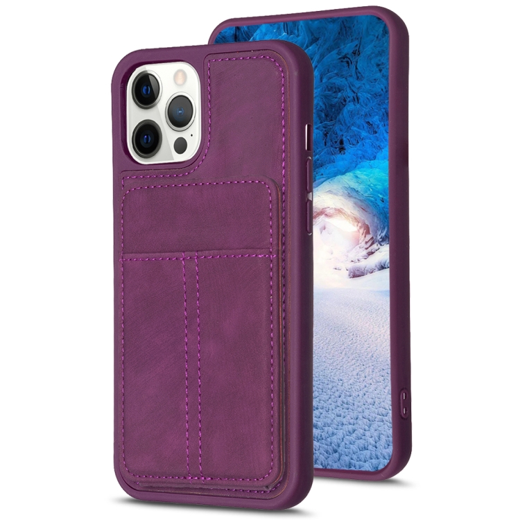 

For iPhone 13 Pro Max BF28 Frosted Card Bag Phone Case with Holder(Dark Purple)
